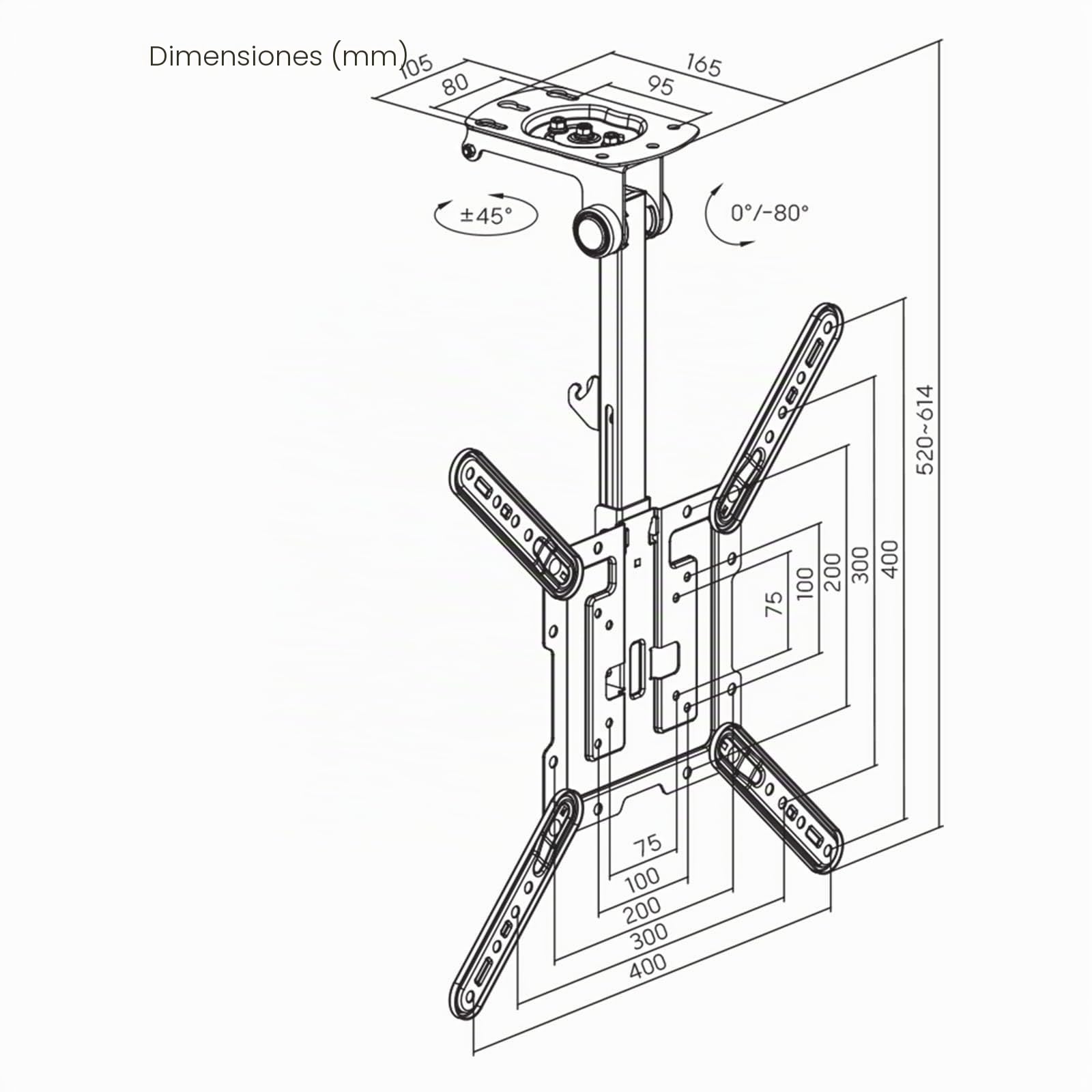 ProperAV Soporte para TV de Techo: Plegable y Giratorio para televisores de 23, 24, 28, 32, 37, 40, 42, 43, 43, 46, 50 y 55 Pulgadas, soporta hasta 20 kg, VESA