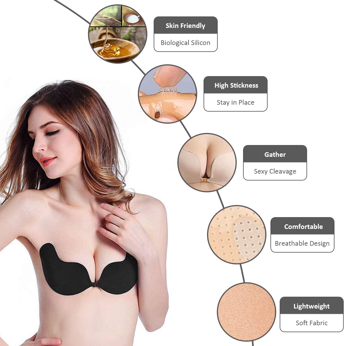 Reggiseno Senza Spalline, Set da 2 Pezzi, Push-Up, Invisibile, Senza Schienale, Cuscinetti Adesivi per Seni Grandi E Piccoli, Ideale per Abiti da Sposa E Abiti Senza Schienale