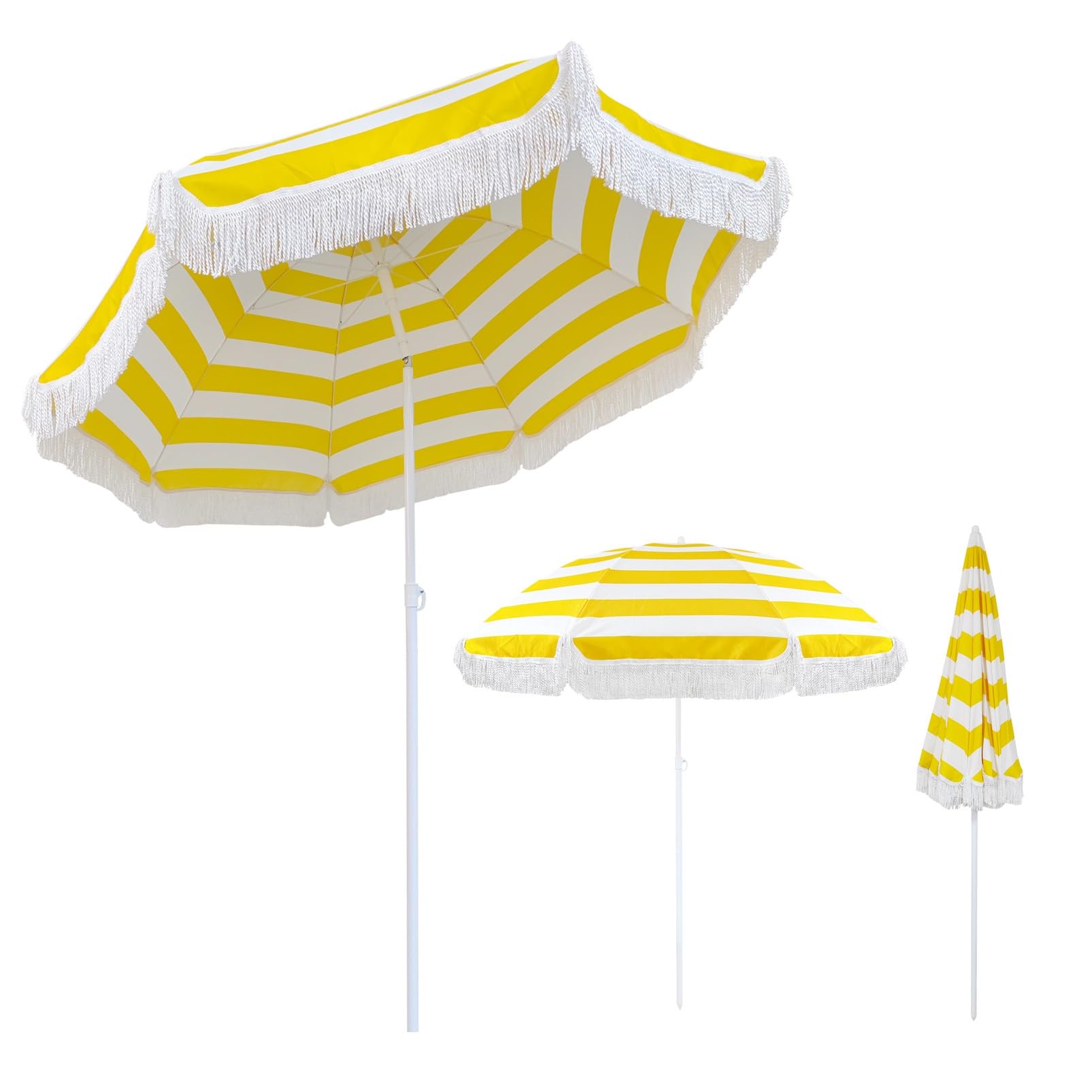 Parasol de Jardin Plage Anti UV 50+ 180cm Inclinable Frange Jaune Blanc Rayé Balcon Terrasse Extérieur