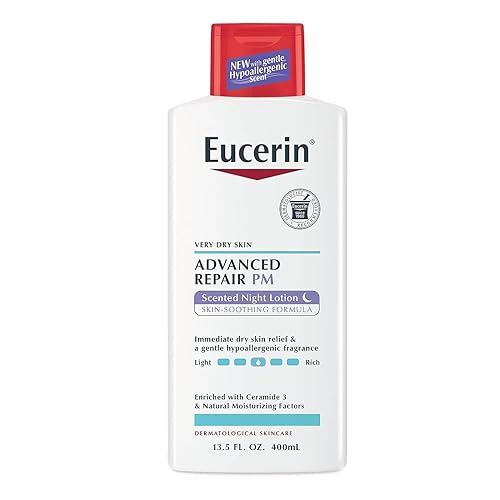 Eucerin Advanced Repair Loción nocturna perfumada, loción corporal hidratante de 48 horas para piel seca con un aroma calmante hipoalergénico, sin