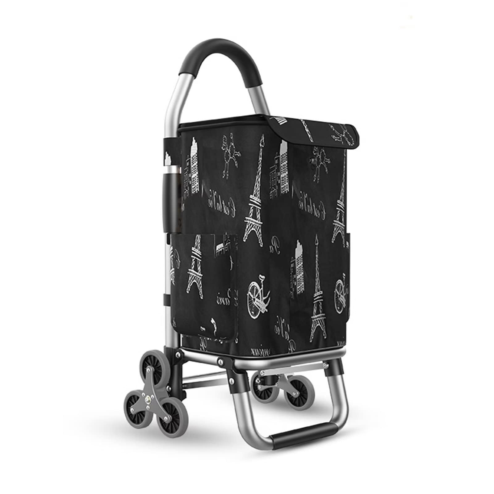 Folding Shopping Cart with Aluminum Alloy Frame Detachable Waterproof Bag Lightweight and Portable Max 36L Capacity Black Crystal Triangle Wheel(Tower,Silent triangle wheel)