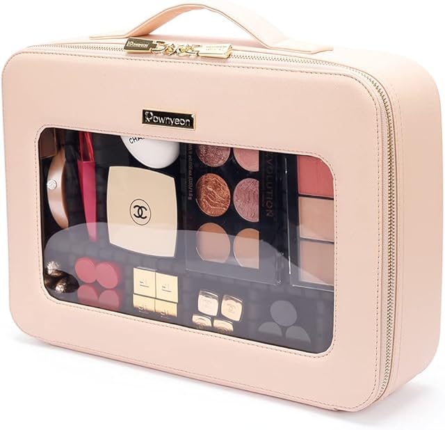 ROWNYEON Makeup Bag Organiser 14.1" Clear Cosmetic Case Travel Makeup case Portable Beauty Box Makeup Artist Storage Bag with EVA Adjustable Compartments for Toiletry Accessories, Pink Medium