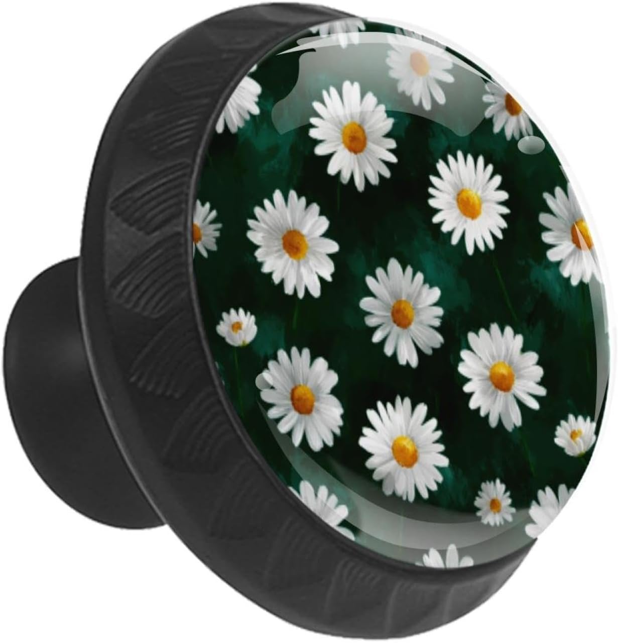 Black Green Background White Daisies (3) Modern Cabinet Knobs, Decorative Drawer Pulls for Home Renovation, Durable Knobs with Long & Short Screws