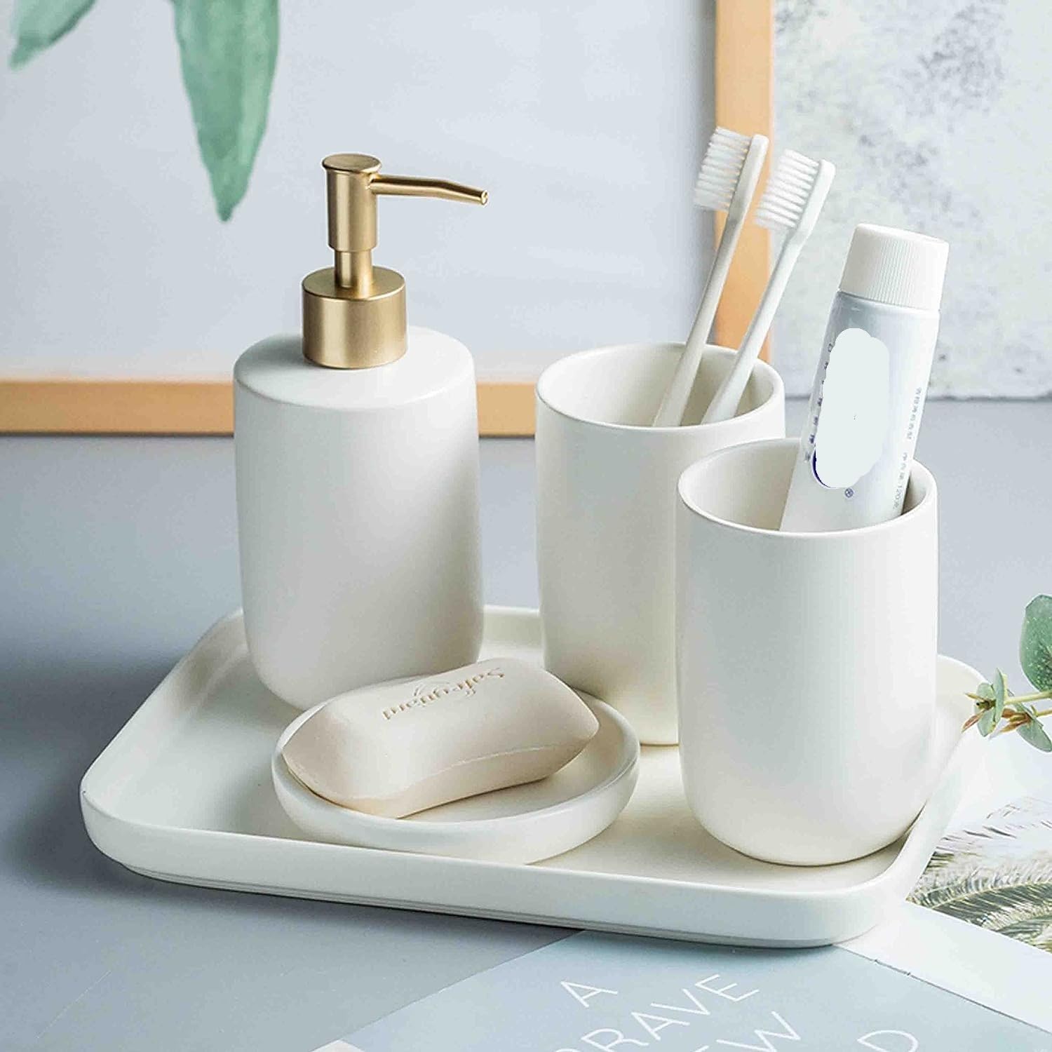 HHDHHD Dispensador de jabón de cerámica con Bandeja (380 ml), dispensador de loción Recargable, Organizador de baño Multiusos (Negro/Blanco)(White)