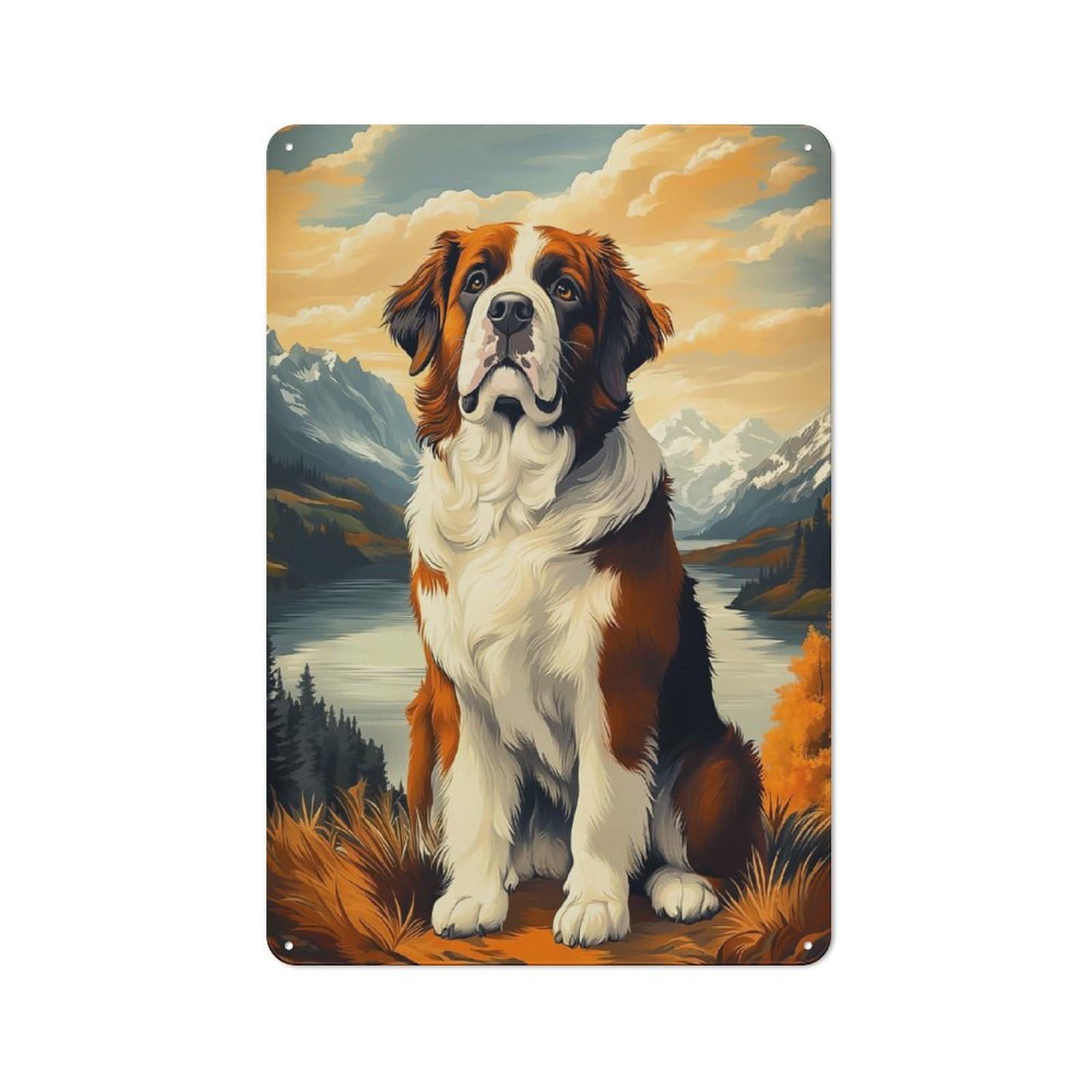 Junmoney Style-5 30X20cm Retro Tin Sign With Majestic Saint Bernard In Mountain Landscape For Lounge Or Reading Corner, A Decorative Metal Sign For Lounges And Reading Corners