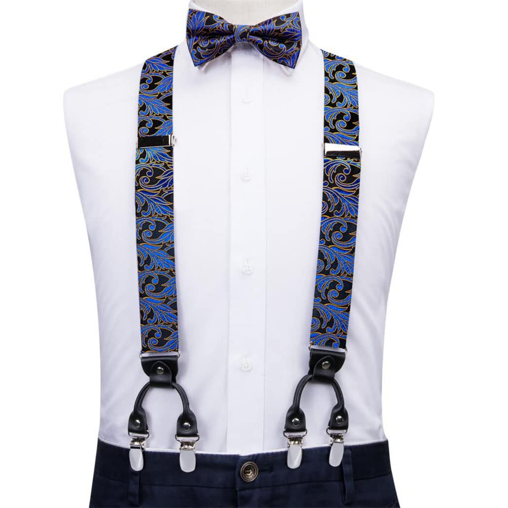 keusyoi Herren-Hosenträger-Set aus Jacquard-Seide, blaue Blume, 6 Clips, Herren-Hosenträger, Fliege, Einstecktuch, quadratisch, 3,5 cm breit