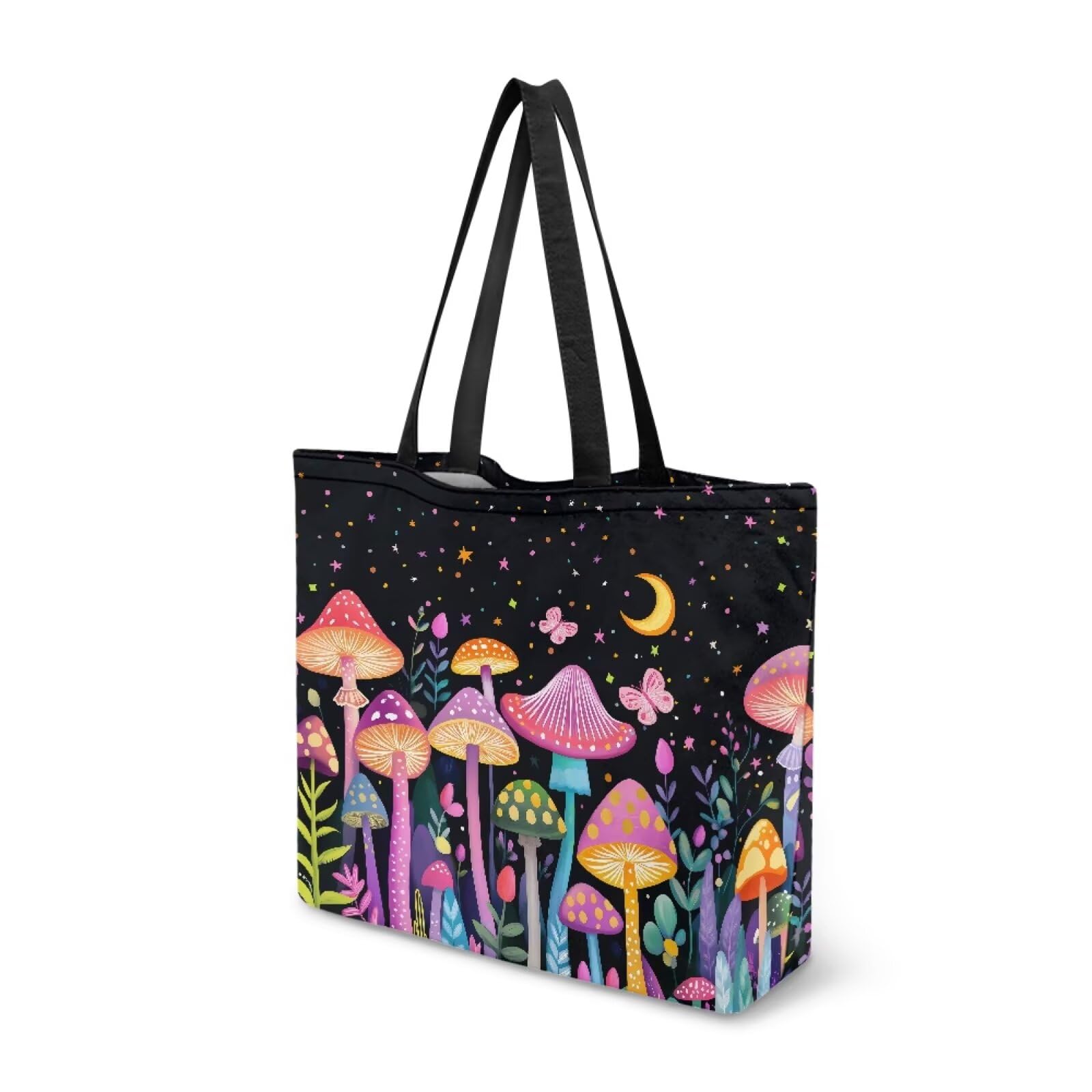 Dngkaoje Mushroom Tote Bags for Women Fashion Canvas Shoulder Handbag Fantastic Mushroom Print Travel Shoulder Handbag with Zipper Reusable Grocery Bags Large Summer Tote Purse — image 1