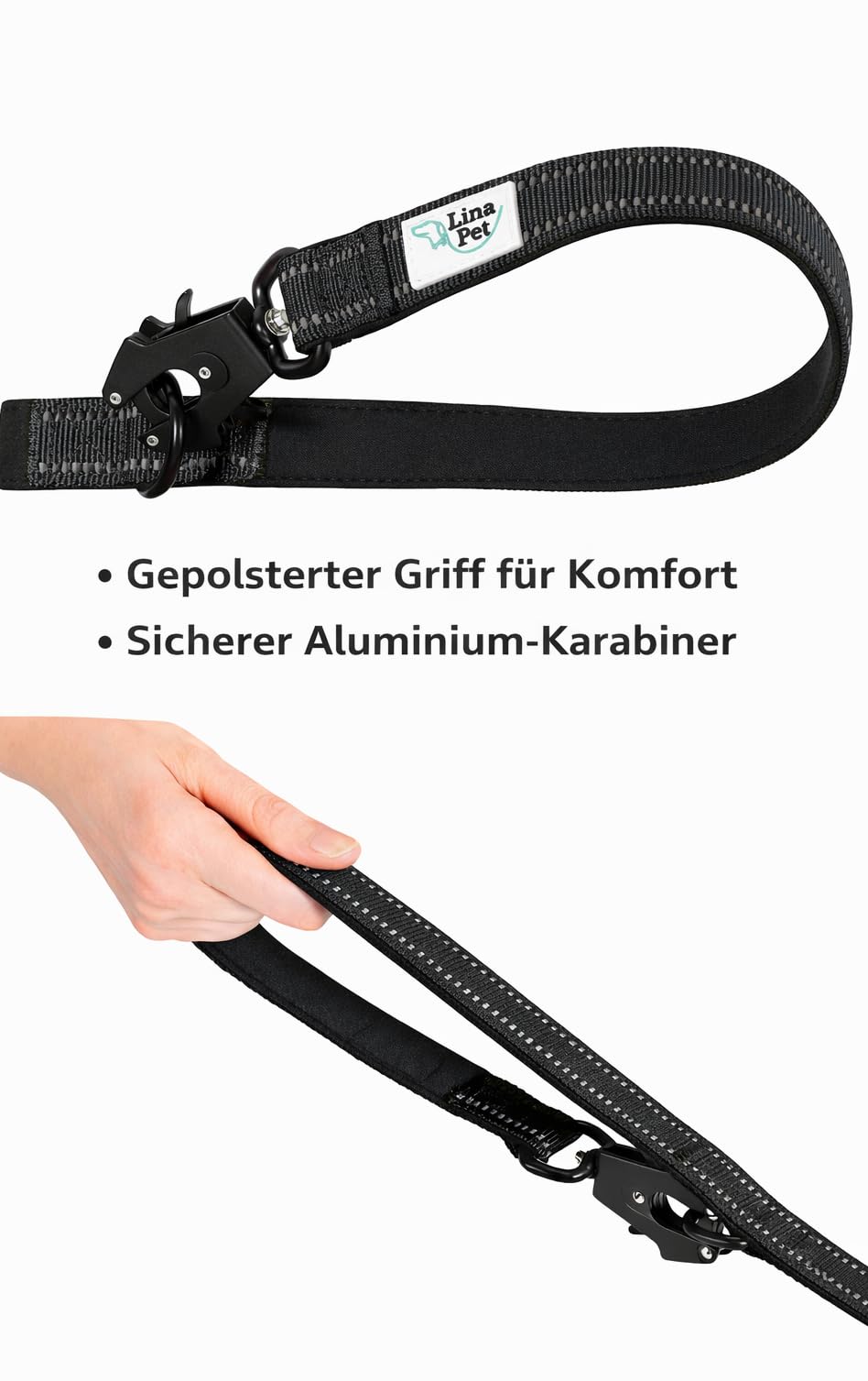 Lina Pet Hundeleine 3m x 2,5 cm, Verstellbare Doppelleine aus Nylon mit Aluminium-Karabiner, Führleine Reflektierend für große und mittelgroße Hunde