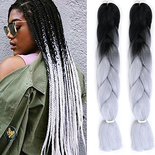 BUQI Hair Black Grey Ombre Jumbo Braiding Hair 24" 5Pcs/Lot 100g/Pc Kanekalon Synthetic Fiber Crochet Twist Braid Hair Extensions