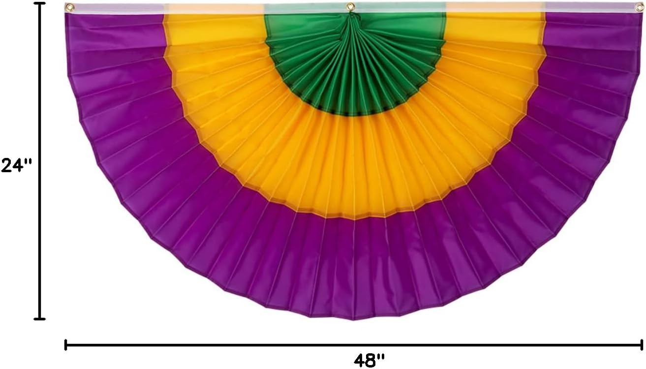 Mardi Gras Nylon Flag Bunting by Old Glory Bunting. 2' x 4' Fully Sewn Green, Gold & Purple 3 Stripe Fan Flag Bunting Banner. Pleated Fans Made in The USA
