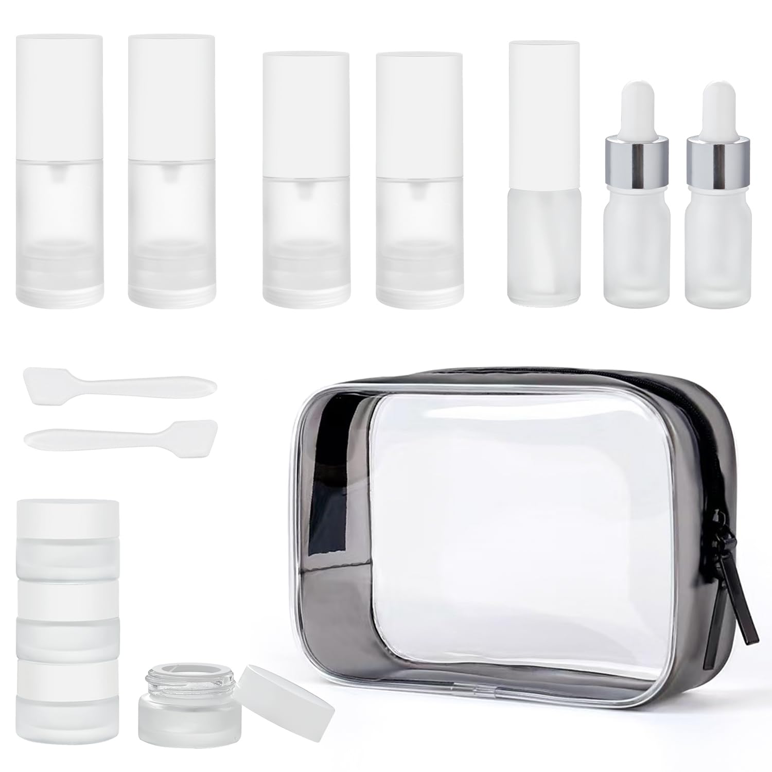 Travel Bottles for Toiletries,14pcs,Toiletry Bag,Airless Pump Bottles,Dropper Bottles,glass jars,Spray bottle,Leak Proof&Refillable,TSA Approved