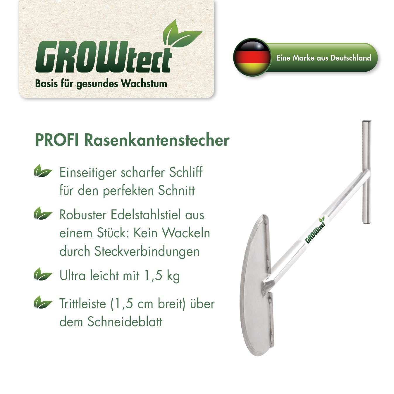PRO Rasenkantenstecher – Profi Kantenstecher mit geschärftem Blatt für Garten- und Landschaftsbau, Sportplatzpflege und Greenkeeper – Scharfe Klinge | Edelstahlstiel (T-Griff) aus einem Stück