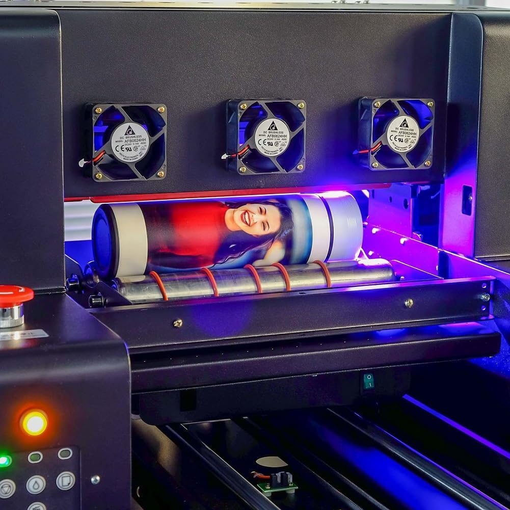 UV Drucker A3, uv Drucker Farbe mit Rotation Flachbett Inkjet UV Printer A3-L805 USB 1440 x 1440 DPI 220V C, M, Y, K, W, V für Flaschen/Papier/Telefon Fall/PVC/UVDTF/Acryl/Holz etc.(Ohne Tinte)