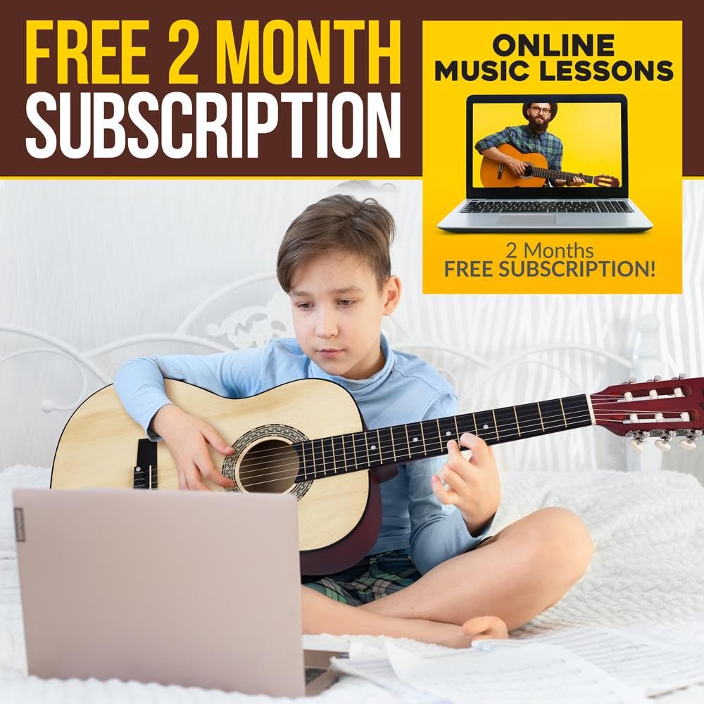 Pyle Kit chitarra acustica classica, strumento 3/4 Junior per principianti, adulti, 36 colori naturali opachi