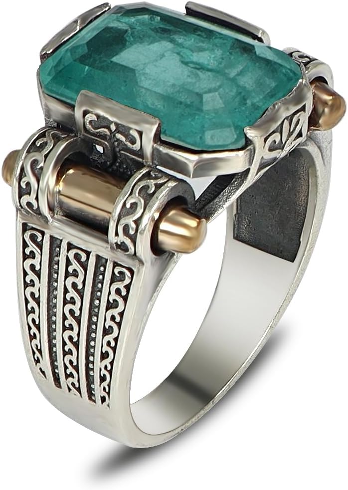 Handmade Men's Vintage Style 925 Sterling Silver Ring with Gemstones, Ornate Carved Ring for Men