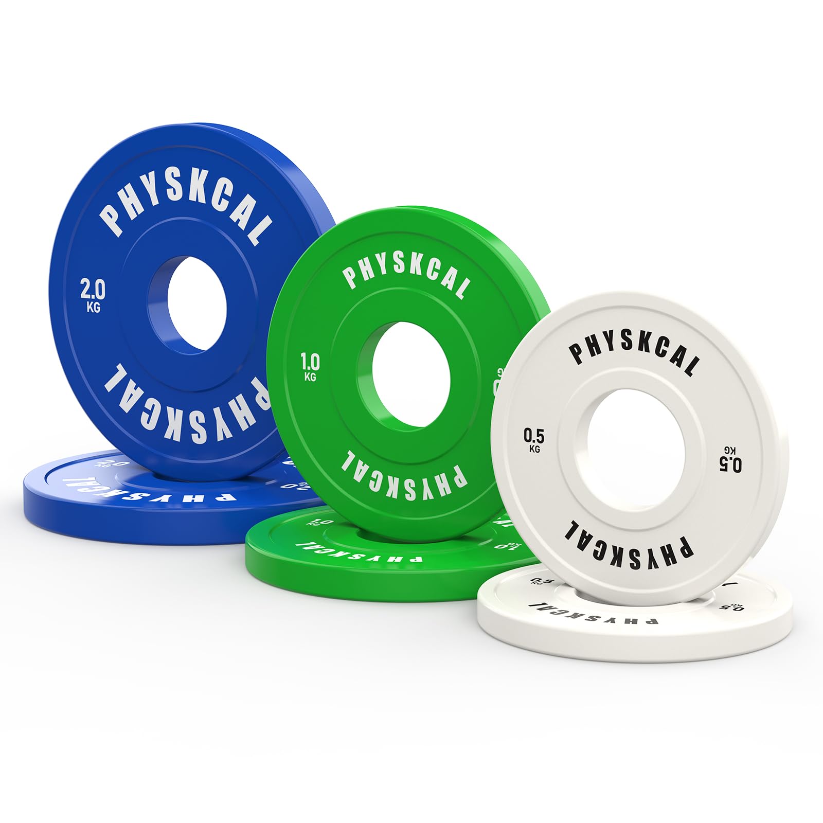 PhysKcal Disco Bumper Color y Discos Micro con Ø 50 mm Inserto | 0,5 kg a 25 kg. Rebote reducido & código de color IWF. Ideal para halterofilia, WOD, halterofilia & gimnasio en casa
