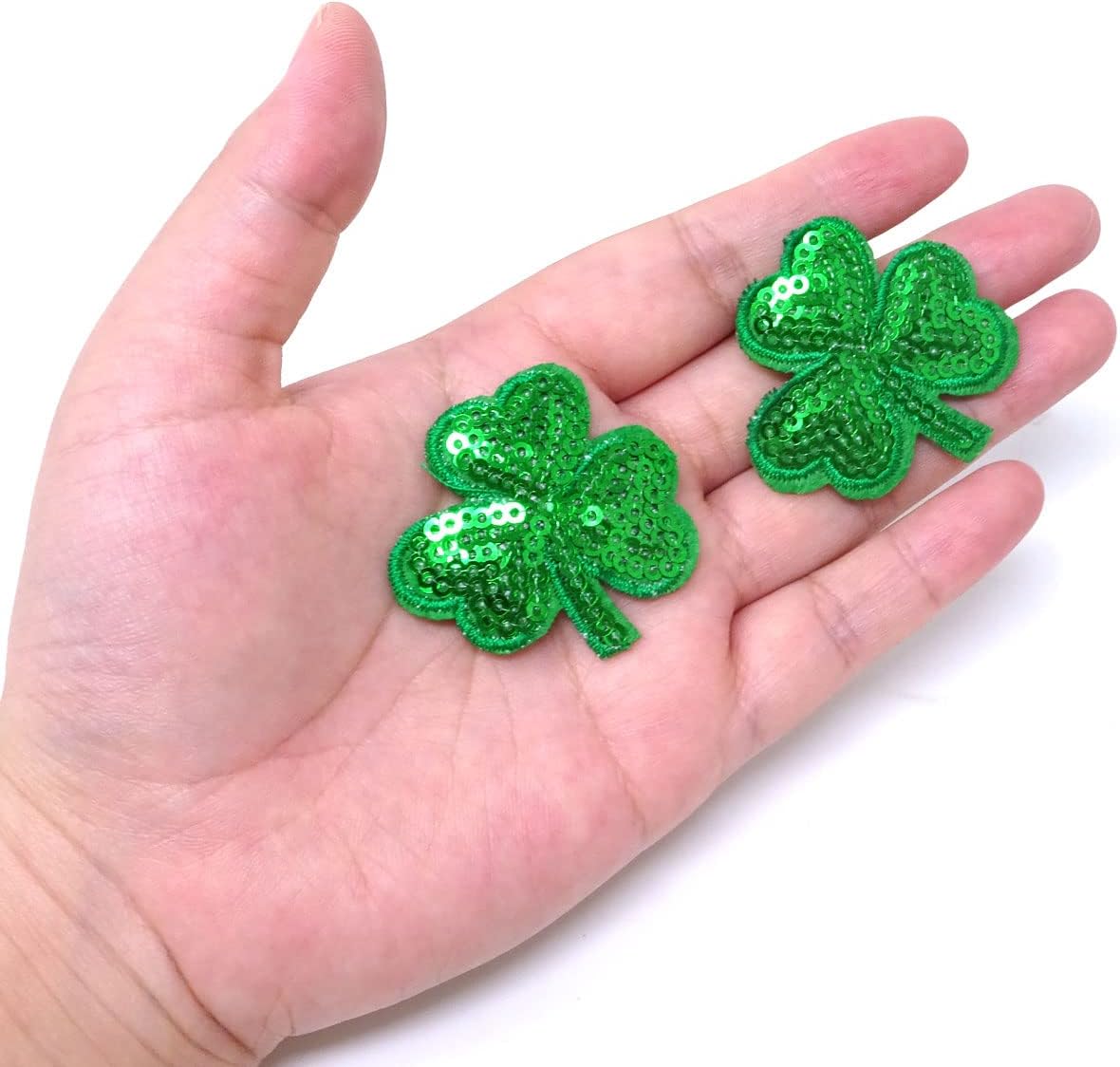 Honbay 10PCS Shiny Shamrock Sequin Patch Leaf Clover Iron on Sew on Applique St. Patrick's Day Glitter Embroidered Patches for Clothes Hats Shoes Jeans Bags - Image 6
