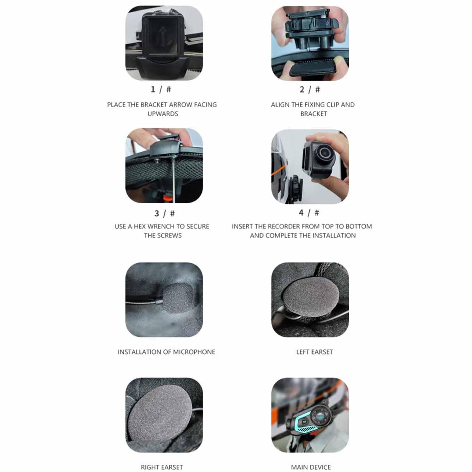 Zestaw Słuchawkowy Bluetooth do Kasku Motocyklowego, Wodoodporny Obiektyw Szerokokątny 130 Stopni Zestaw Słuchawkowy z Interkomem do Kasku z kamerą 2K HD, Połączenia Bluetooth
