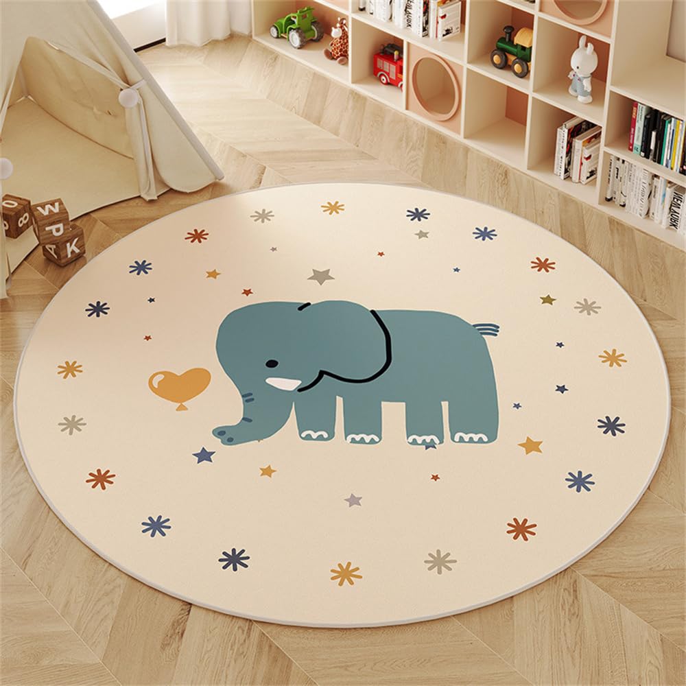 YATOLA Redonda Alfombra Suave Pelo de Habitacion Dormitorio Comedor Salón Interior Antideslizante Niños Lavable, Infantiles Grande para Salon Pasillo 100x100cm Animale Elefante (Crema 3, 100x100cm)