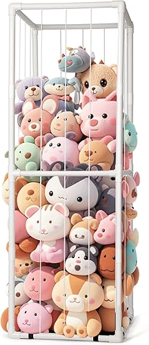 Almacenamiento de animales de peluche, organizador alto de juguetes de material de PVC con cordones elásticos y estante, casa de juegos de peluche