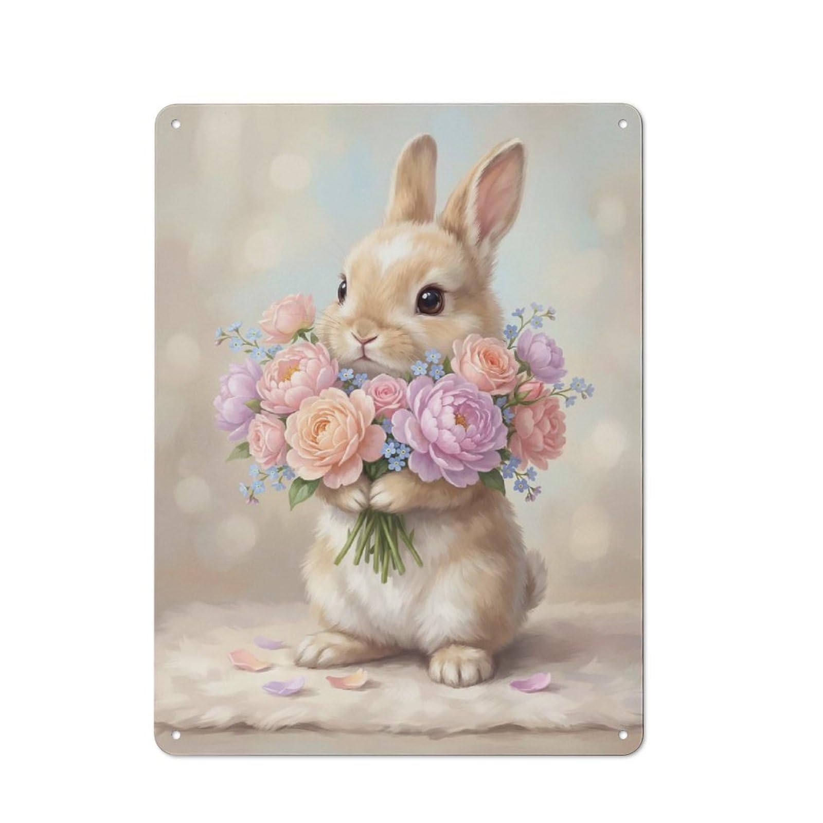 Cute Bunny with Flowers Casual Metal Wall Decor 40x30cm, Rustic Tin Sign for Patio Bar, Workshop, Shed Or Kitchen
