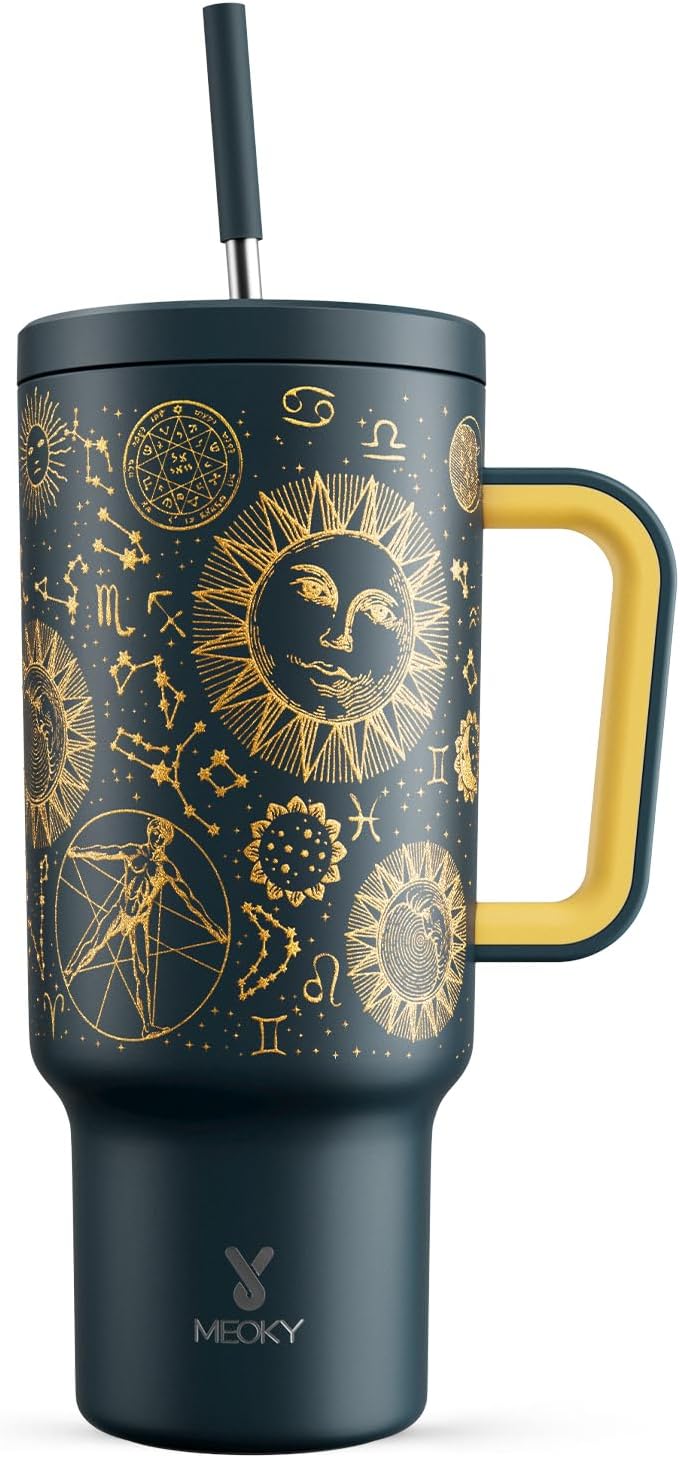 Meoky 40 oz Tumbler with Handle and Straw, Tumbler with Lid and Straw, Insulated Stainless Steel Travel Mug, 100% Leak-proof, Keeps Cold for 34 Hours or Hot for 10 Hours (Tarot)