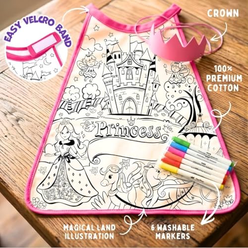 Image of PepPlay Princess Cape Coloring Kit - Personalised Pink Cotton Cape, Magical Unicorns & Fairies | Crown + 6 Washable Fabric Markers | Reusable Pretend /Role Play Birthday Return Gift for Girls Age 3-7