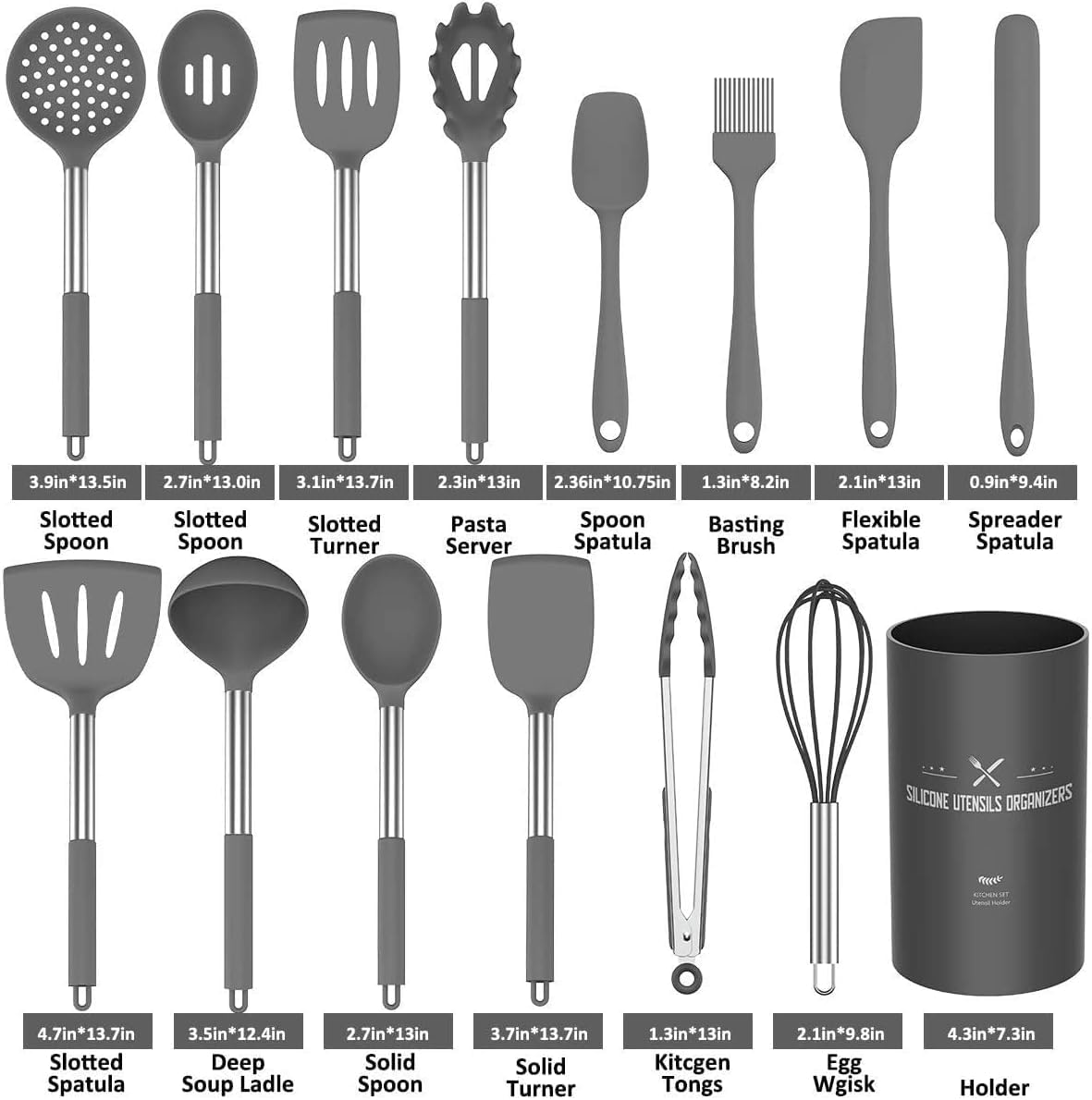 Set di utensili da cucina, 15 pezzi, in silicone, antiaderenti, resistenti al calore, pentole con porta utensili, manico in acciaio inox, lavabile in lavastoviglie (grigio)