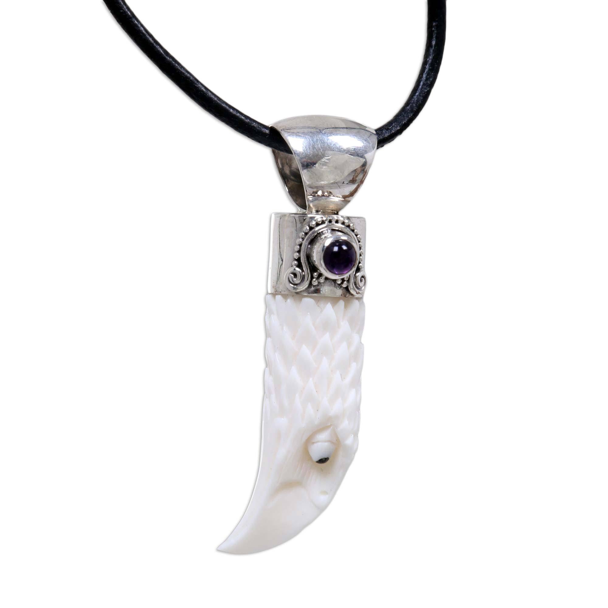 NOVICA Artisan Handmade Amethyst Men's Necklace .925 Sterling Silver Bird Bone Purple Pendant Cord Indonesia Animal Themed Birthstone 'Brave Eagle'