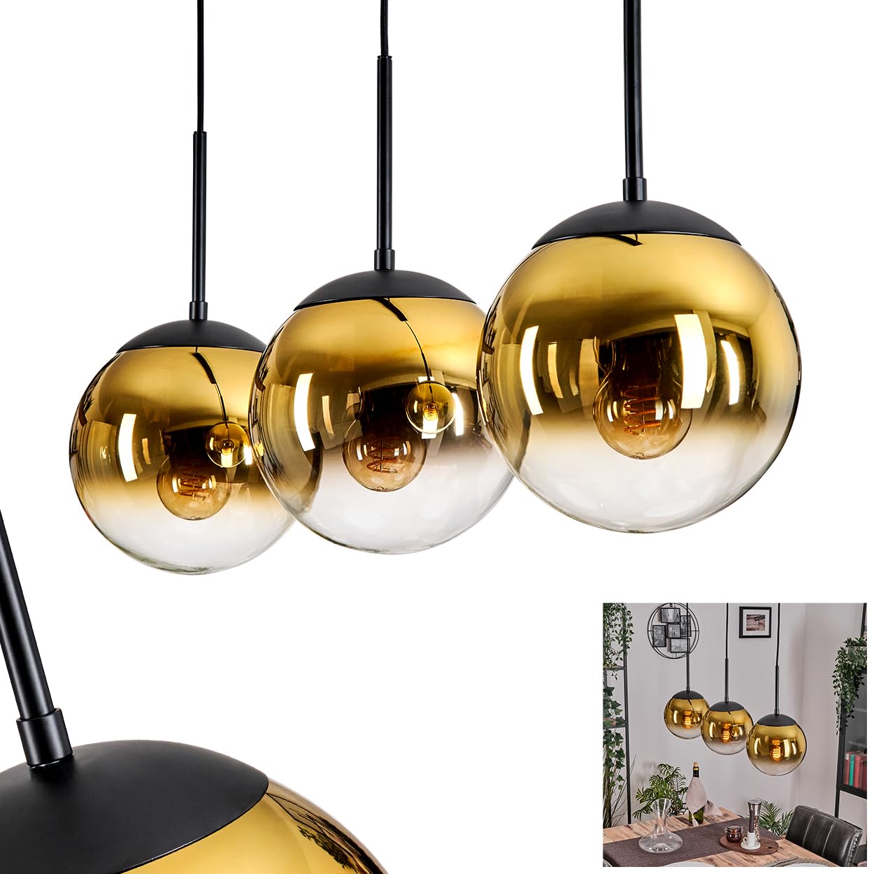 HOFSTEIN Hängeleuchte Gastor, Hängelampe aus Metall/Glas in Schwarz/Goldfarben/Klar, Leuchte im Retro/Vintage-Design m. Schirmen aus Glas (Ø 20 cm), Höhe max. 137 cm, 3x E27, ohne Leuchtmittel