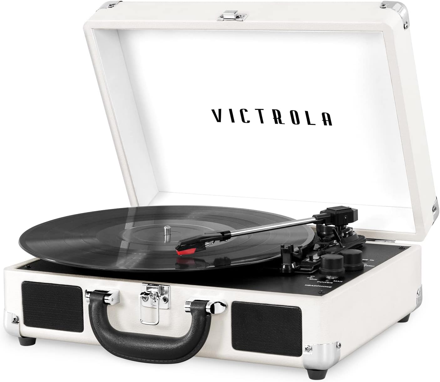 Victrola Journey Bluetooth Portable Suitcase Record Player – with Built-in Speakers, 3 Speed Vinyl Record Player, RCA Out, Headphone Jack (White/Silver)