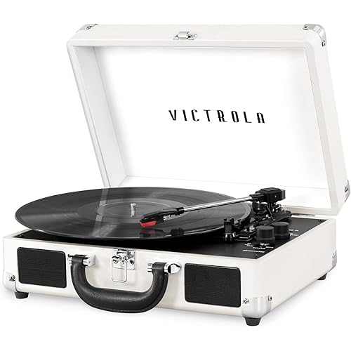 Victrola Vintage 3-Speed Bluetooth Portable Suitcase Record Player with Built-in Speakers | Upgraded Turntable Audio Sound | White