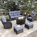 Vakollia 7 Pieces Patio Furniture Sets with Fire Pit Table, Wicker Rattan High Back Outdoor Swivel Rocking Chairs Set with 3-Seat Couch, Ottomans and Side Table