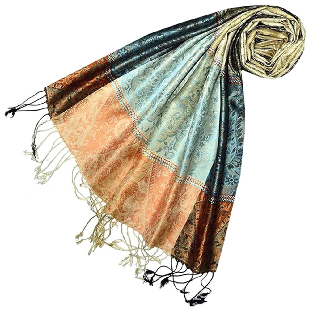 Lorenzo Cana Pashmina 78639 - Écharpe de luxe pour femme - Jacquard tissé - 100 % soie - Motif cachemire - Turquoise et bronze, Bleu pétrole ocre, 70 x 190 cm