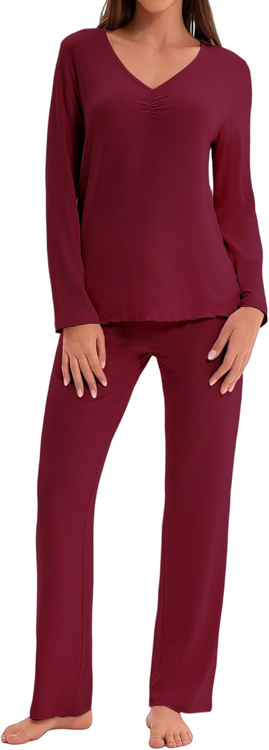 Women's Soft Knit Pajamas Set V-Neck Top and Pants Long Sleeve Two Piece Loungewear...