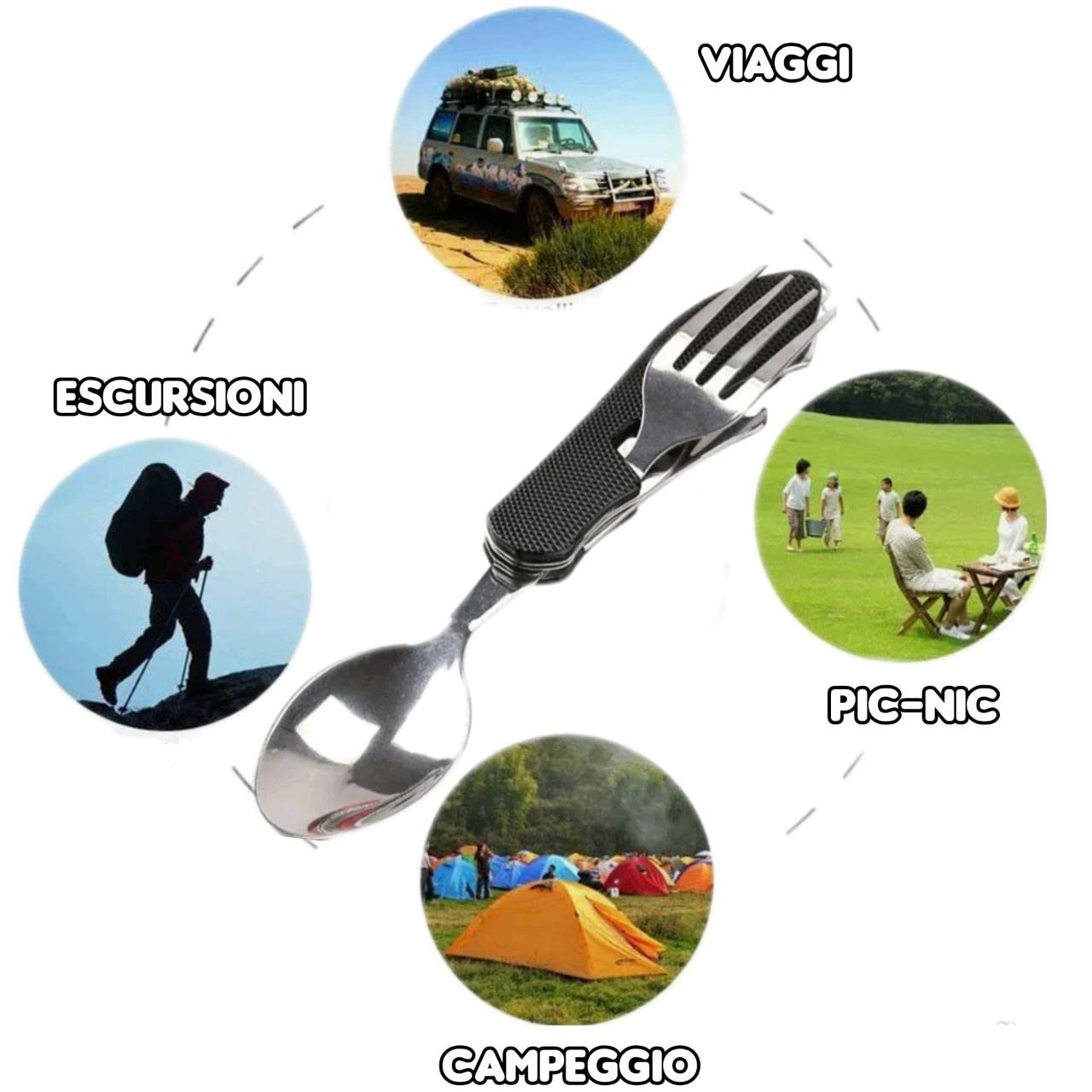 Posata Pieghevole Campeggio Multiuso Picnic Escursioni Viaggi Portatili Acciaio Inossidabile Staccabili 5 in 1 Picnic Coltello Forchetta Cucchiaio Apribottiglie Astuccio (nero)