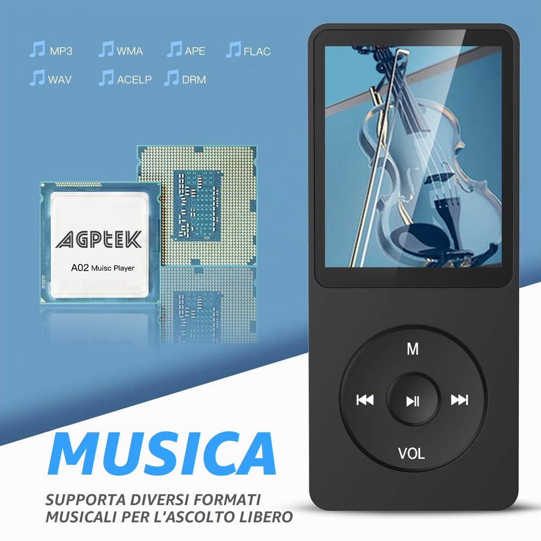 AGPTEK Lettore MP3 Classico 16 GB, Fino a 70 Ore di Autonomia, Schermo da 1,8 Pollici, Design Compatto e Portatile, Riproduzione Musicale HiFi senza Perdite, Espandibile fino a 128 GB con Scheda TF