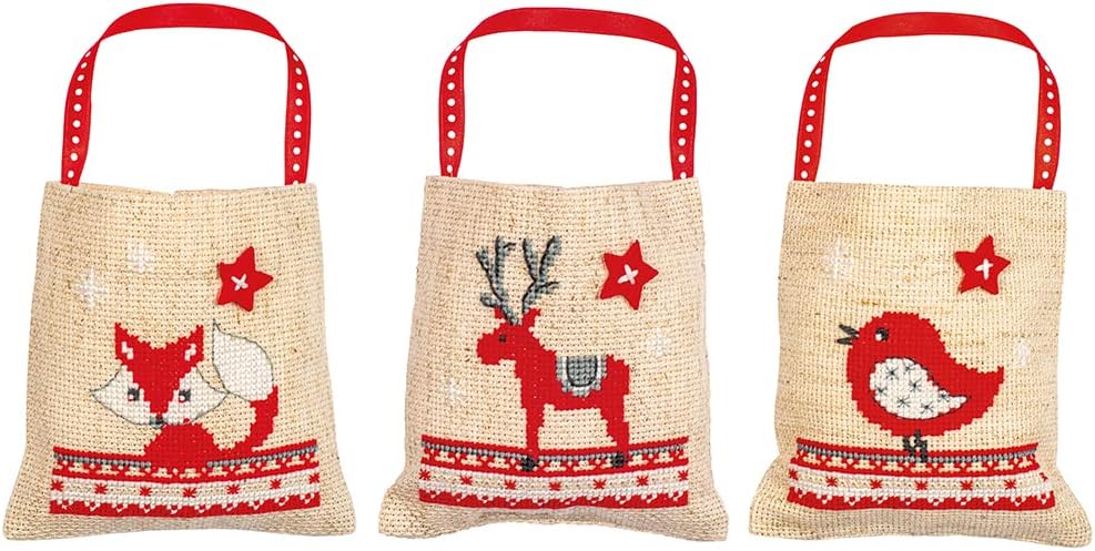 Vervaco Counted Cross Stitch Gift Bags Kit 3.6"X3.6" 3/Pkg-Christmas Animals (18 Count) -V0196915