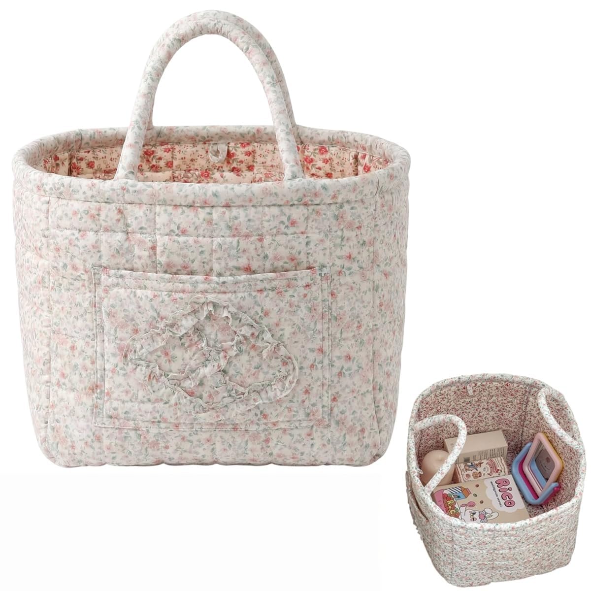 LKHYUKU Women's Large Capacity Quilted Car Storage Basket Tote Bag Foldable Washable Multifunctional Diaper Organizer for Moms Daily Use，floral green