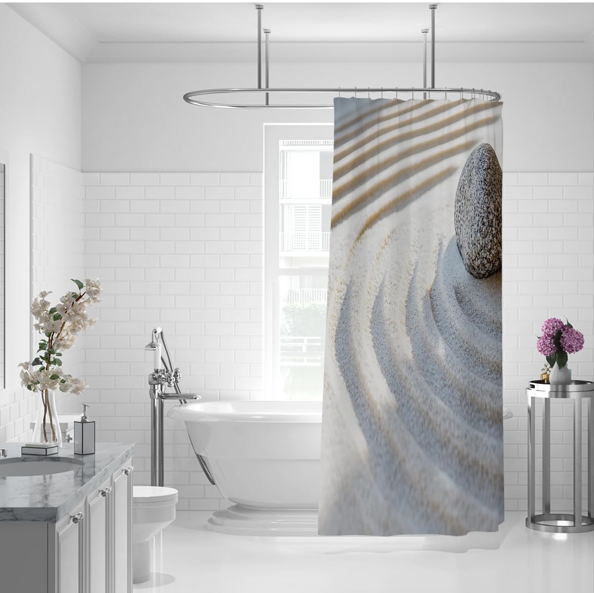 Minimalistyczne kamienne kręgi zasłony prysznicowe nakrapiane na piasku wodoodporna tkanina poliestrowa zasłona łazienkowa zestaw z haczykami zmywalne 180 x 200 cm