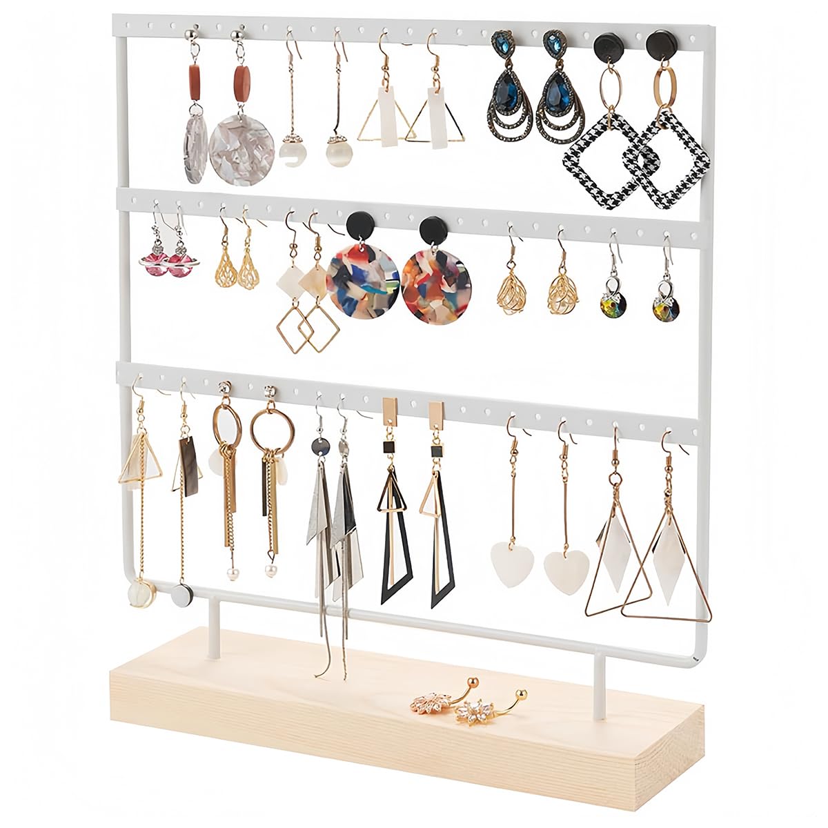 60 Agujeros Expositor de Pendientes, 3 Niveles Organizador Pendientes con Base de Madera, Colgador de pendientes, para Guardar pendientes