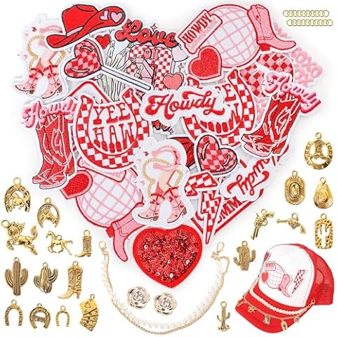 Patches Valentine's Day for Clothing Iron On: Meneng Valentine's Day 35Pcs Western Embroidered Patch DIY Crafts for Women Girls Cowgirls - Cute Sew On Patches for Jacket Shirt Hats Bags Cover