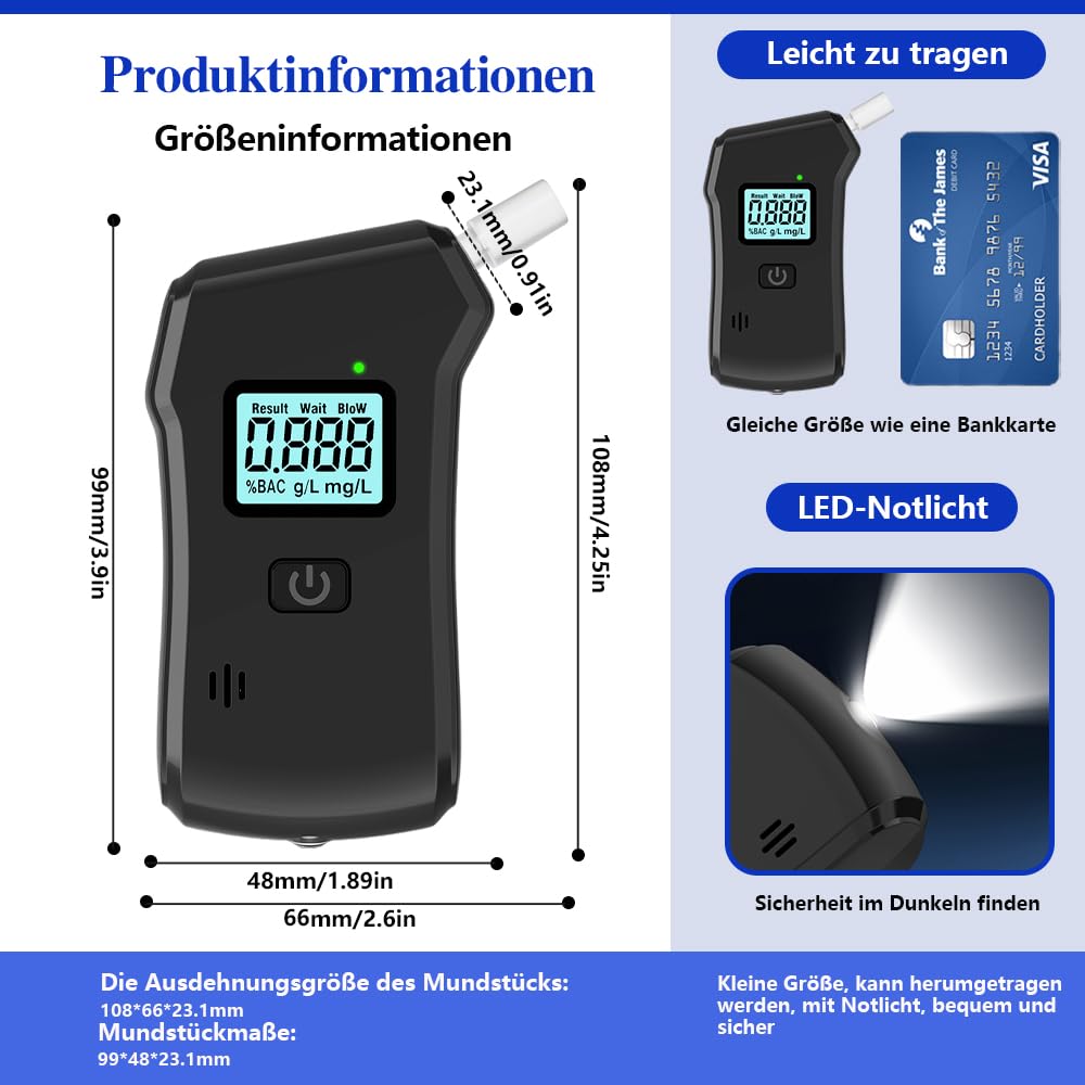 Alkoholtester Professioneller für den Heim und Professionellen,Gebrauch mit 20 Aufsätzen,LCD-Digitalanzeige und Hochempfindlichem Chip für höchste Genauigkeit
