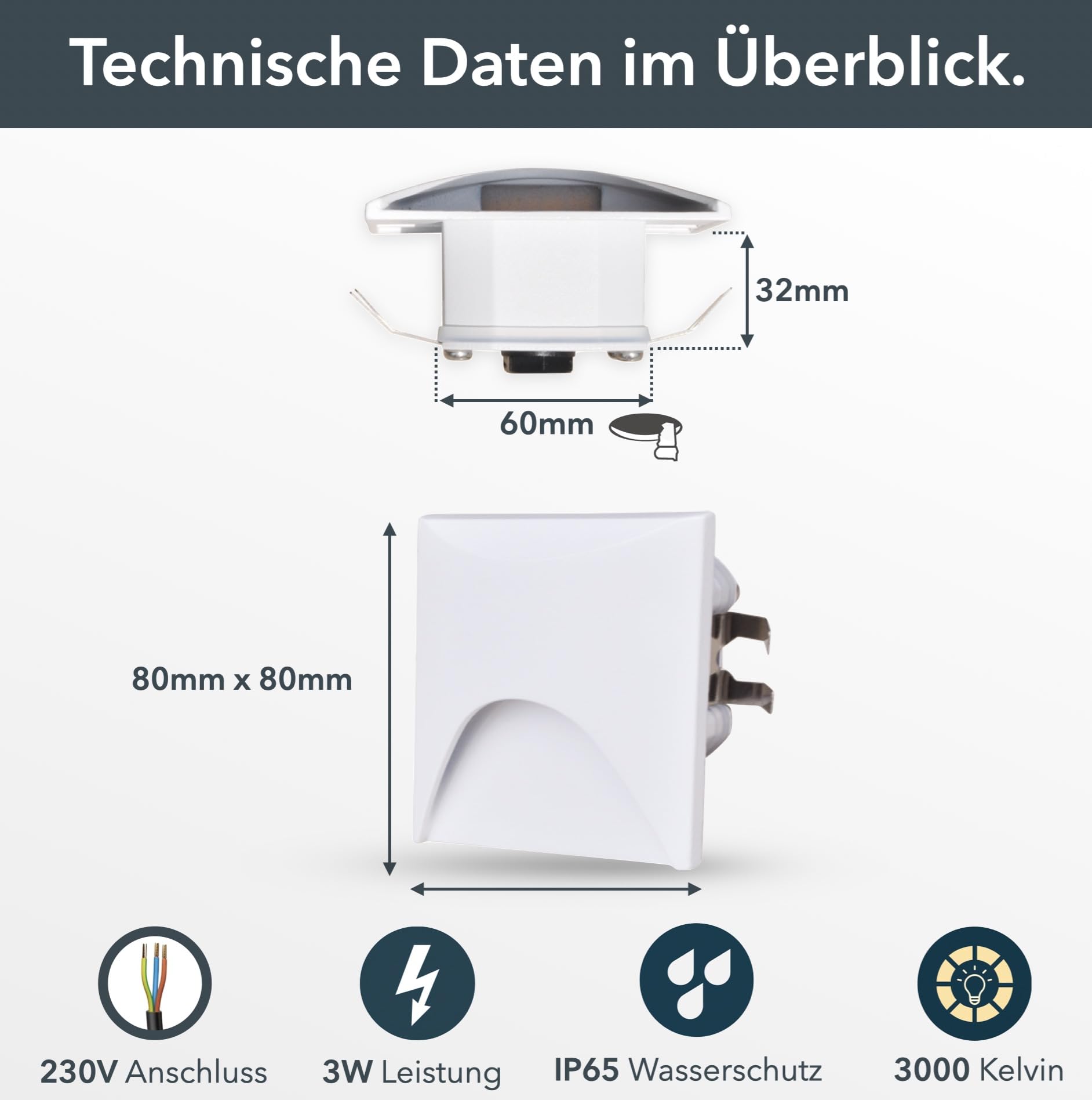 lambado® LED Treppenbeleuchtung für Innen & Aussen | IP65 Wasserschutz | 230V Unterputz Treppenlicht 3W Warmweiss | Wandeinbauleuchte für Treppen | Treppenstufenbeleuchtung