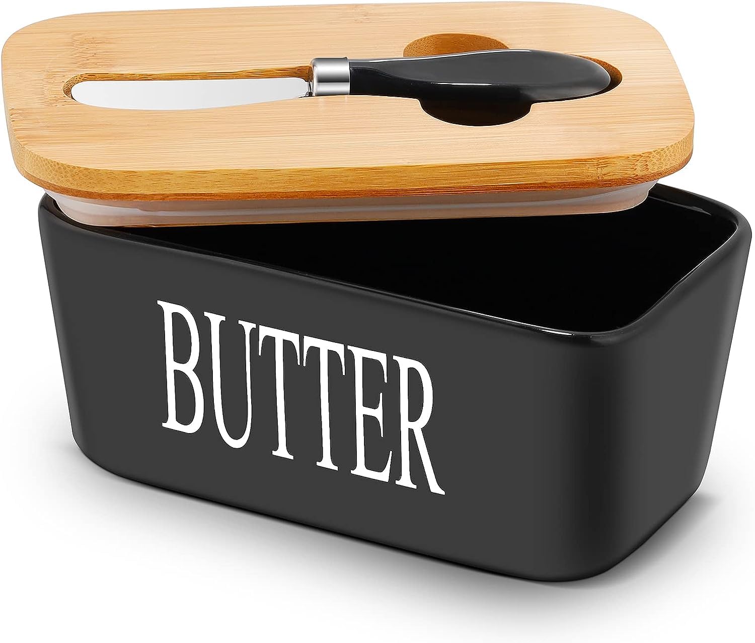 MyLifeUnit Butter Dishes Box Premium Quality Elite Range Heavy Fine Porcelain Butter Box, Butter Dish with Wooden Top Cover, Lid with a Knife (Black)