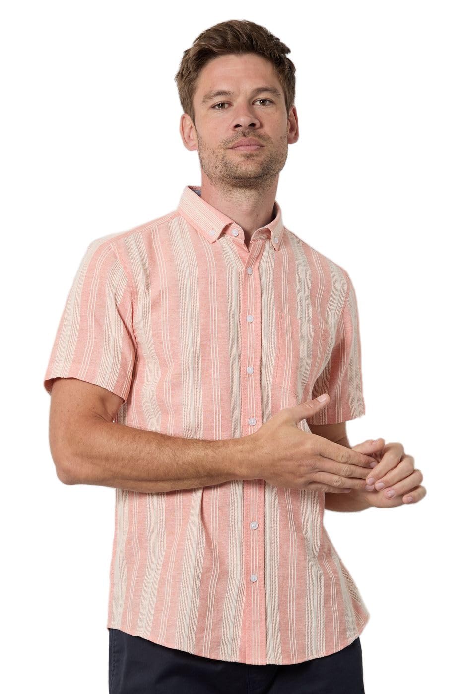 Debenhams Men's Peach Textured Stripes Short Sleeve Button Down Shirt | : 3XL