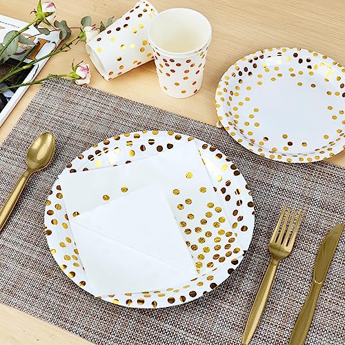 Party Supplies Set White and Rose Gold Dot, Gold Dot Paper Plates, Cups, Napkins, and Heavy Duty Silverware for Birthdays, Graduation, Wedding, Festivals - Image 3