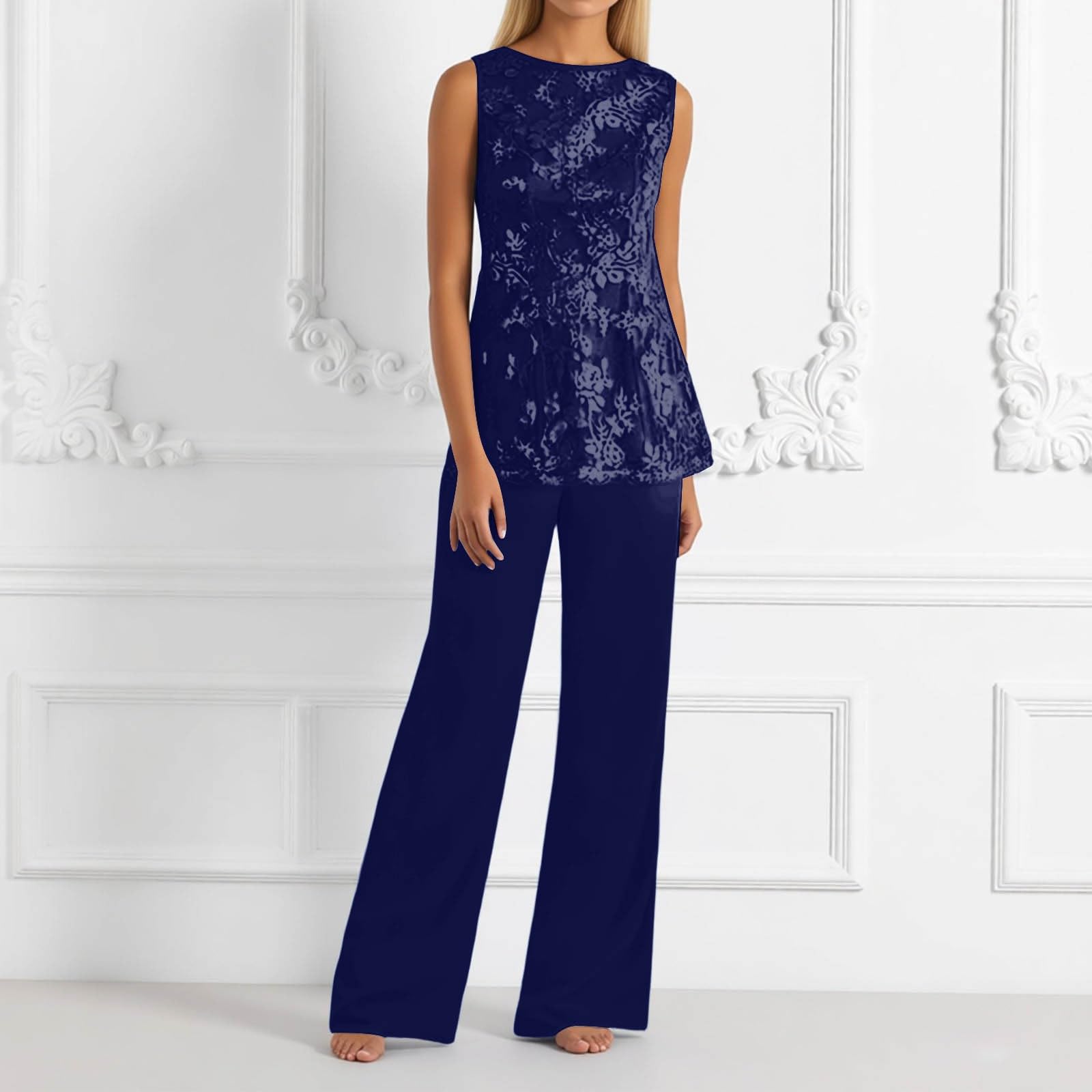 Tuta da donna a 3 pezzi, per il tempo libero, elegante, in pizzo, cardigan a maniche lunghe e pantaloni, in chiffon, per la madre della sposa, per matrimonio, cocktail, elegante abito da