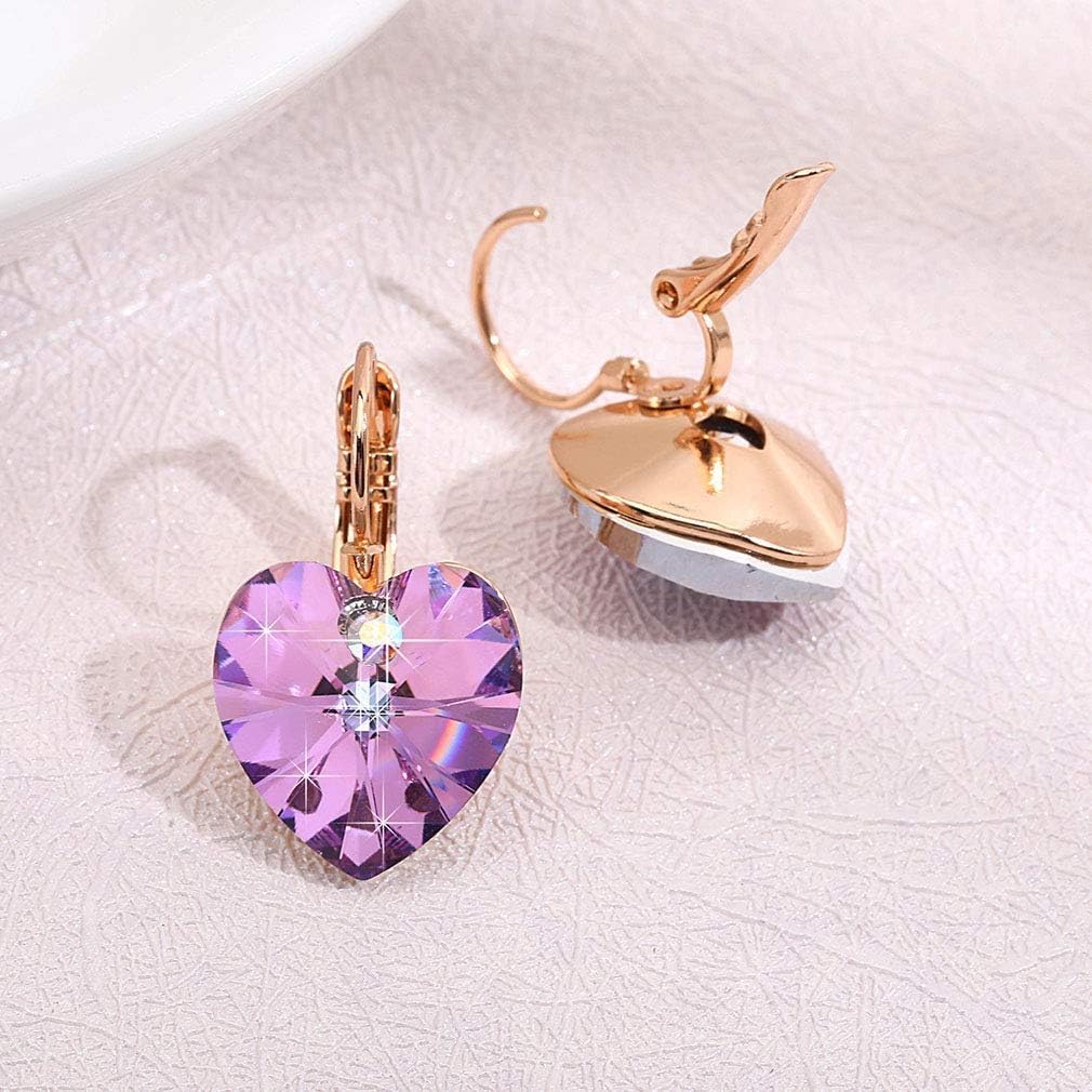 Austrian Crystal Heart Drop Leverback Earrings for Women 14K Rose Gold Plated Hypoallergenic Jewelry - Image 3