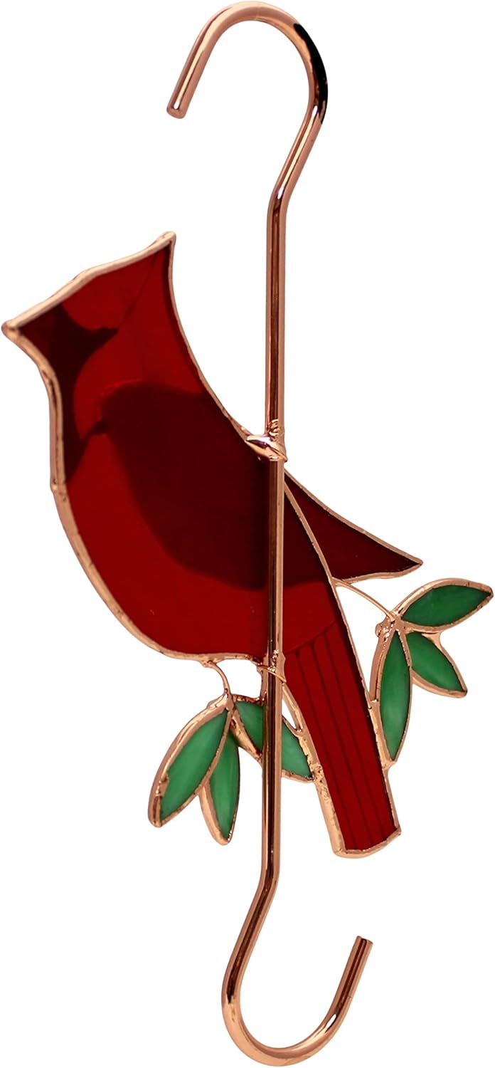 Gift Essentials Stained Glass Hanging Plant Hook - Red Cardinal Sun Catcher with Copper S Hooks Top and Bottom for Indoor and Outdoor Use